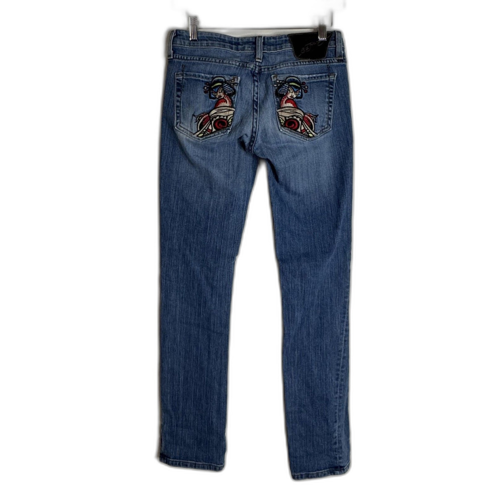 Ed Hardy Jeans Womens 27 Blue Low Rise Straight Slim Stretch Embroidered USA Y2k